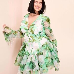 ASOS Green Floral Long Sleeve Button-Front Dress